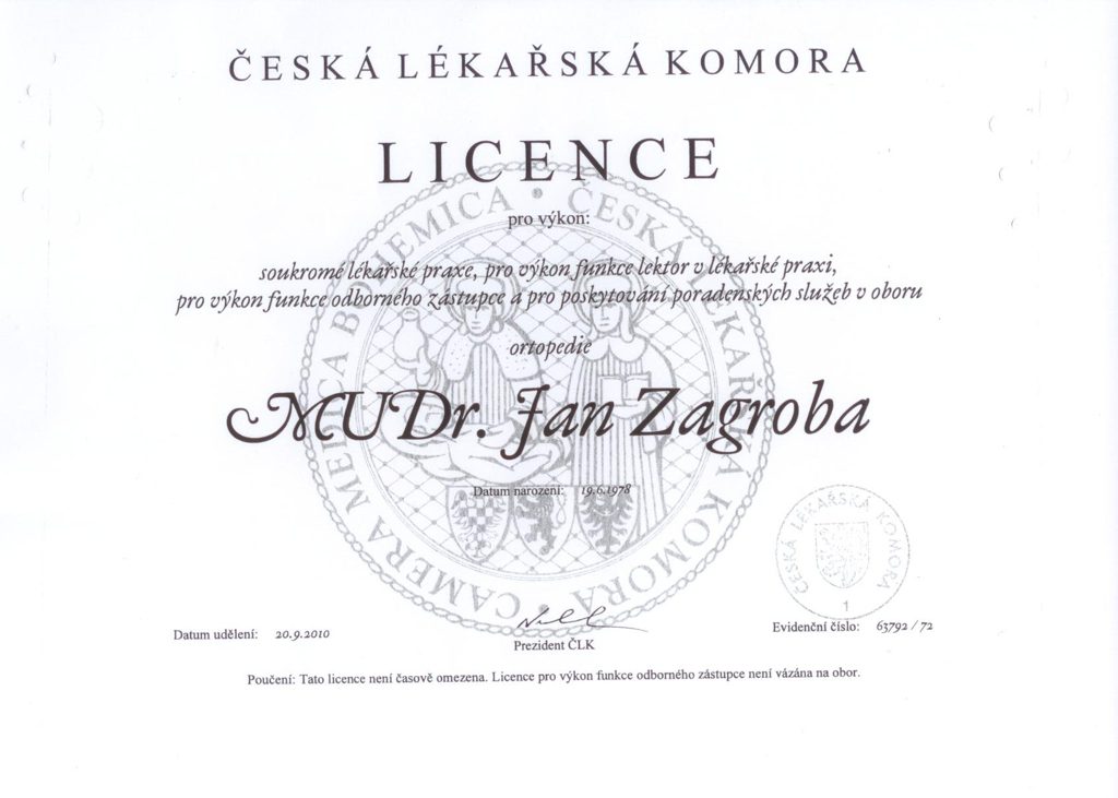MUDr. Jan Zagroba - licence